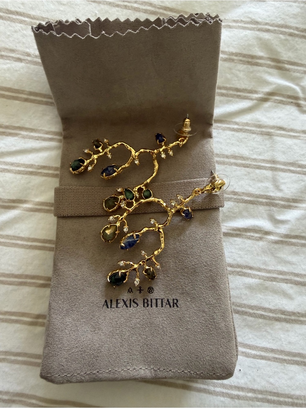 Alexis Bittar Brut Gold Drop Earrings with Blue and Green Stones - Never Worn.